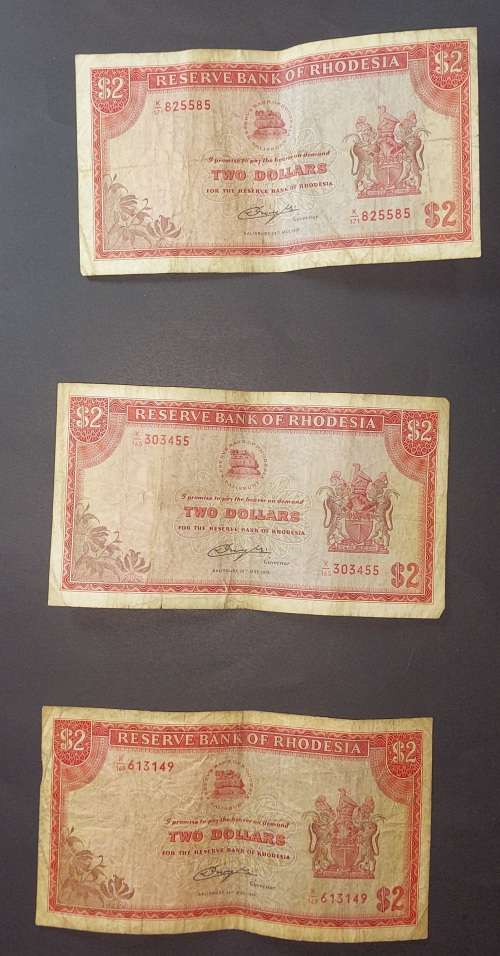 L@@K 3 x 2 Rhodesian Dollar notes 1 Rand bids