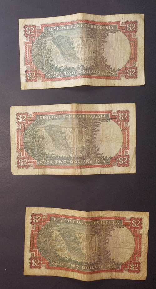 L@@K 3 x 2 Rhodesian Dollar notes 1 Rand bids