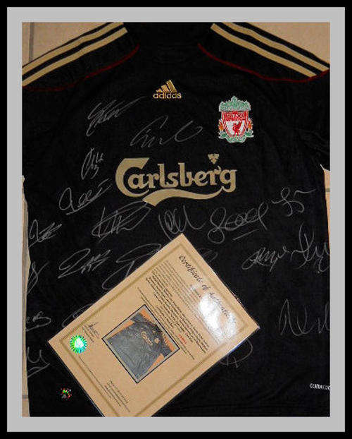 LIVERPOOL 2009/2010  SQUAD SIGNED AWAY SHIRT WITH COA