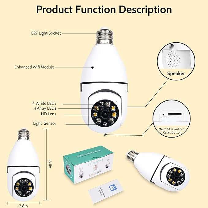 Light Bulb Type Wireless Security Camera 360° Panoramic 2-Way Talk WiFi Camera White