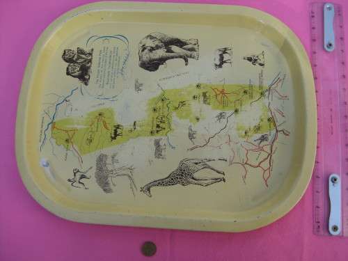 A very old, worn, tea-tray of the Kruger National Park map.  Paint has flaked off.