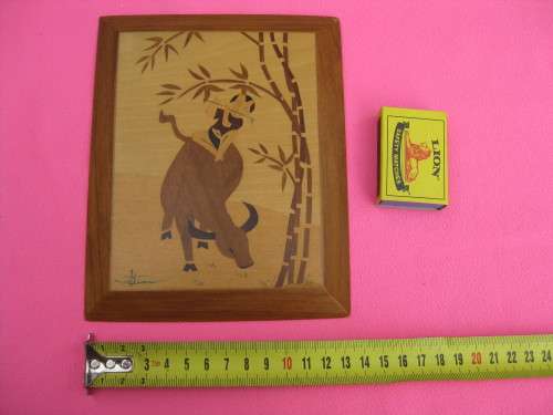 Marquetry.  Signed.  Oriental, wooden, wall hanging.