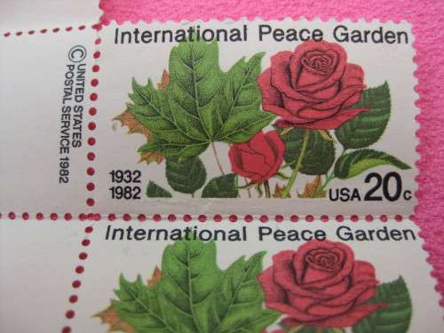 Partial strip of USA 20c stamps (7 in total). 1932-1982.  International Peace Garden.