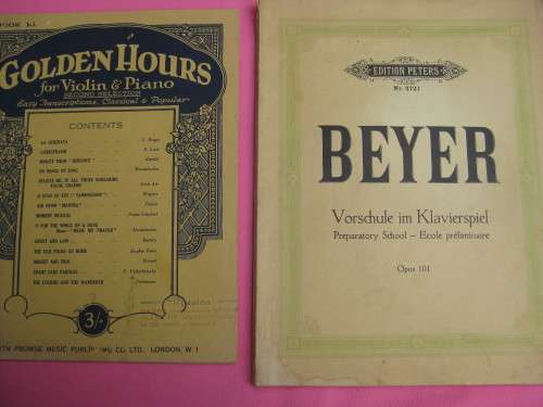 2 paged sheet music.  "Beyer" & "Golden Hours for Violin & Piano"