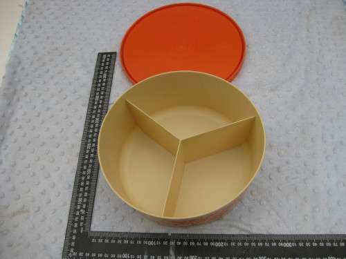 Retro `Riviera` plastic storage container with three compartments.