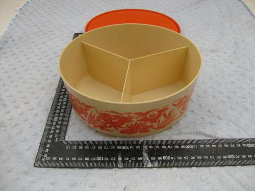 Retro `Riviera` plastic storage container with three compartments.