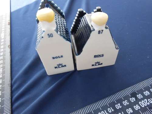 Blue Delft`s exclusively made for KLM by Bols Royal Distilleries Holland.  Houses no`s. 50 and 87.