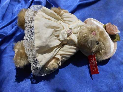 Russ Teddy bear named `Bronwyn`.  Sales label still attached.