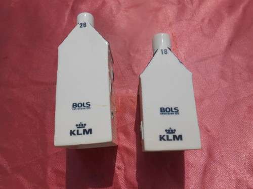 Blue Delft exclusively made for KLM by Bols Royal Distilleries Holland. Houses no. 18 and 28.