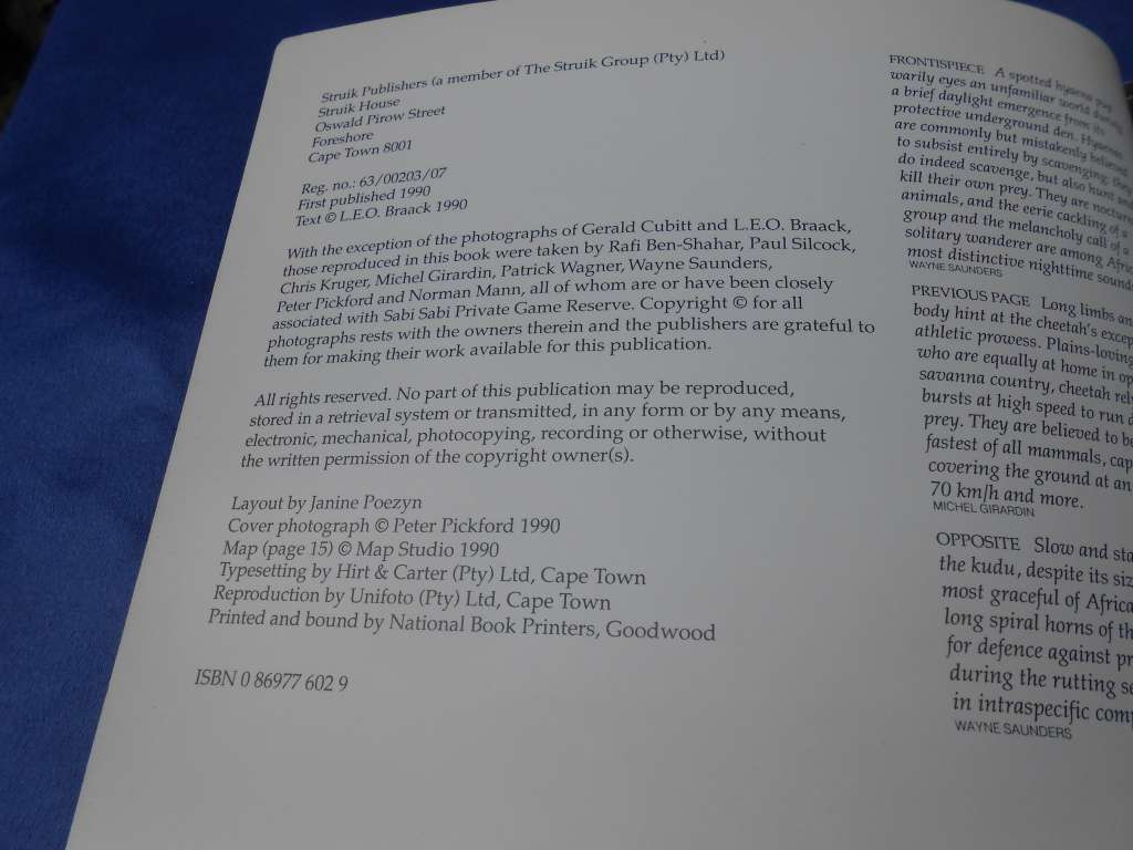 `Wildlife of the Kruger National Park and other Lowveld Reserves`  Soft cover.