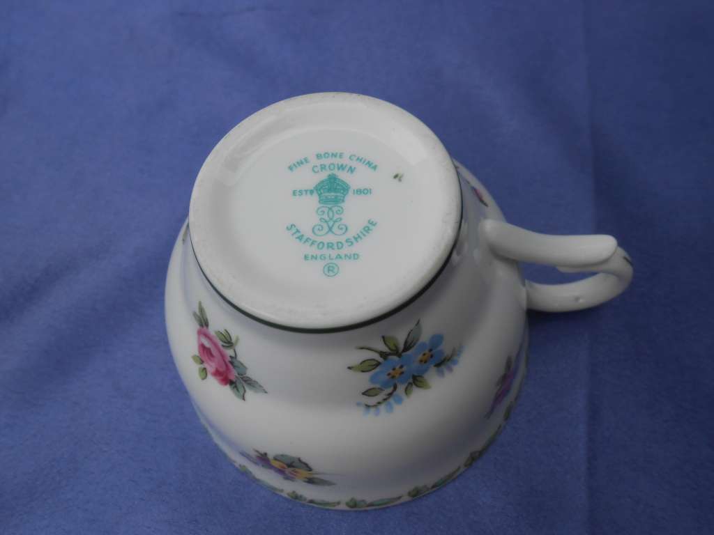Single Crown Staffordshire cup.  Anniversary Greetings - August.  No chips, cracks or repairs.