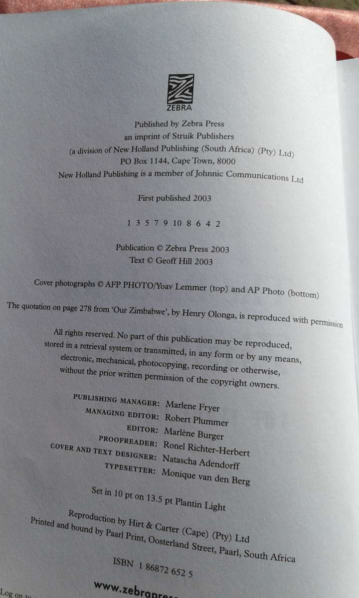 2003.  `The Battle for Zimbabwe`  The Final Countdown..  Geoff Hill.  Hard cover.