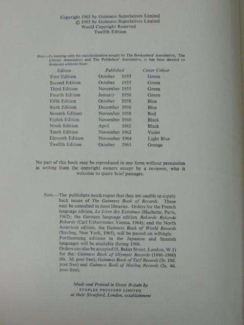 THE GUINNESS BOOK OF RECORDS 1965 - 12TH EDITION - Compiled by Norris and Ross McWhirter