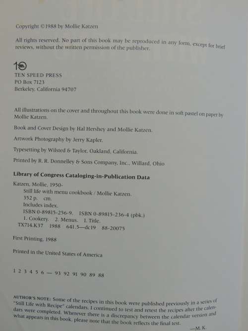 Still Life With Menu Cookbook - 50 New Meatless Menus  - Mollie Katzen