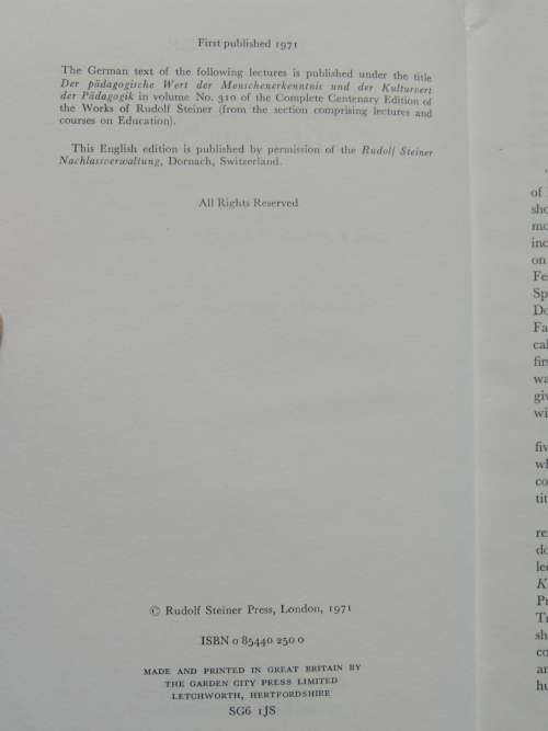 Human Values in Eduaction, Lectures 1924 - Rudolf Steiner