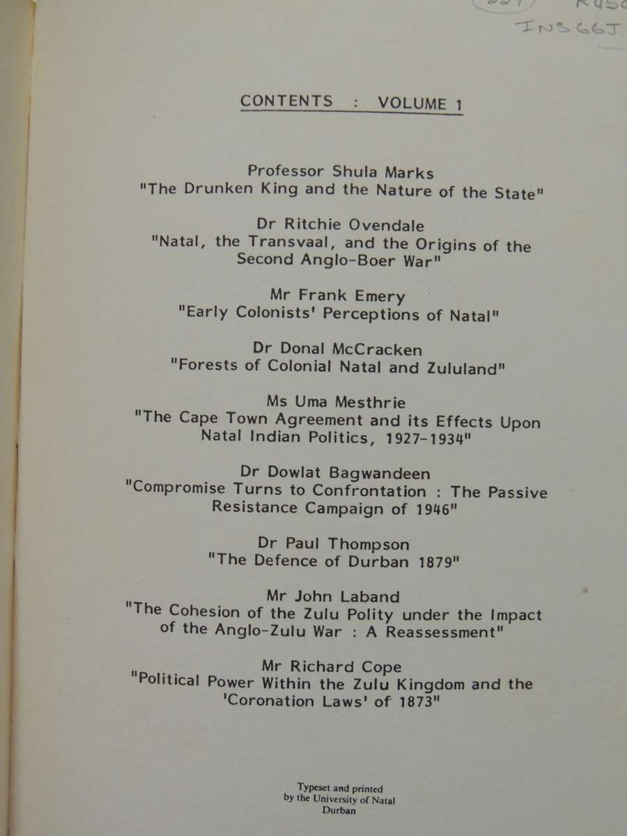 Conference on the History of Natal & Zululand, Papers University of Natal, Durban, July 1985