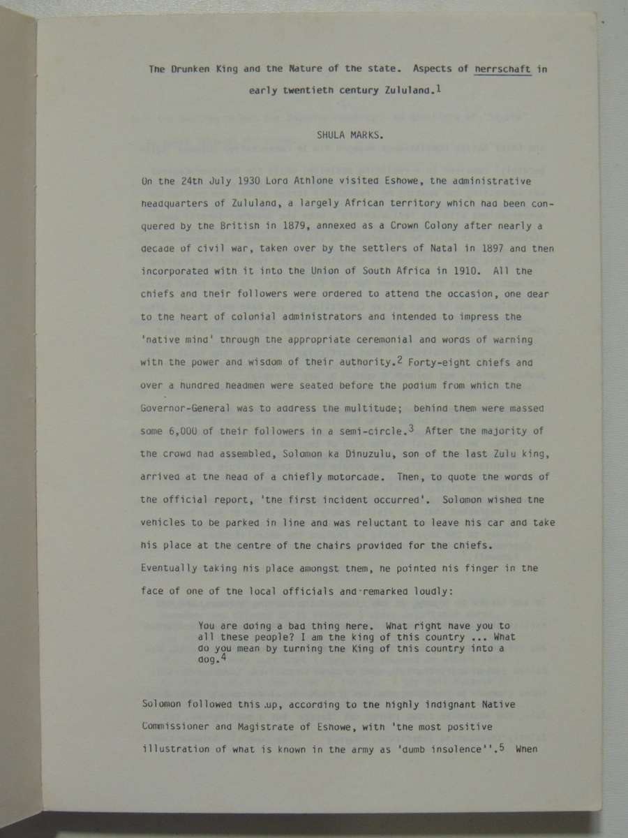 Conference on the History of Natal & Zululand, Papers University of Natal, Durban, July 1985