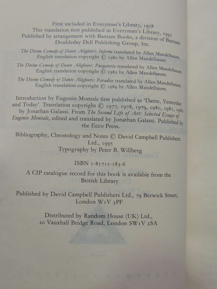 The Divine Comdedy,Transl Allen Mandelbaum, No 183  Everyman`s Library