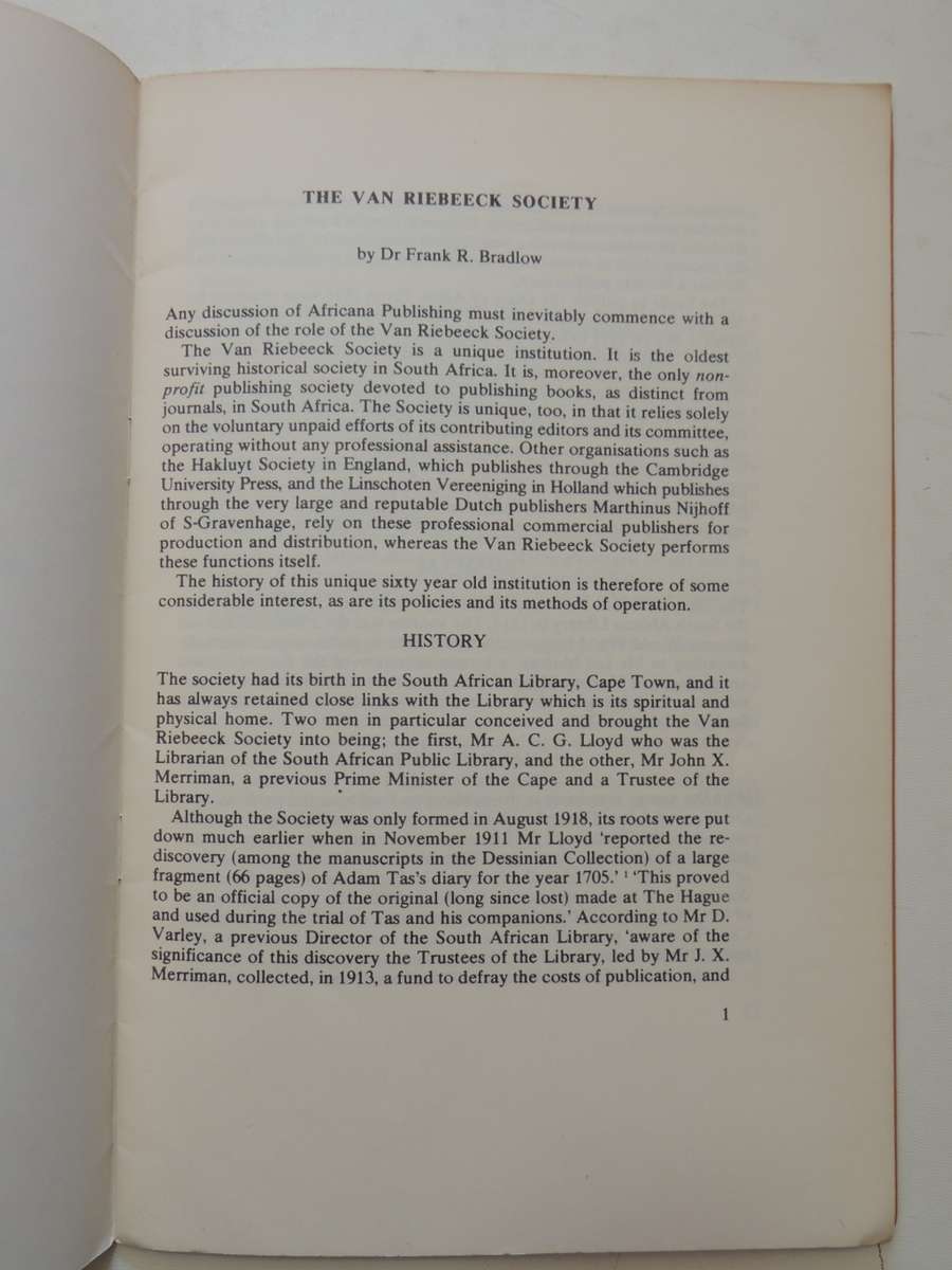 The Van Riebeeck Society 1918-1978 - Frank R Bradlow