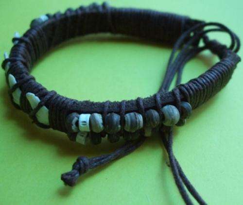 Brown Sharktooth Leather Bracelet wrapped with twine & beads