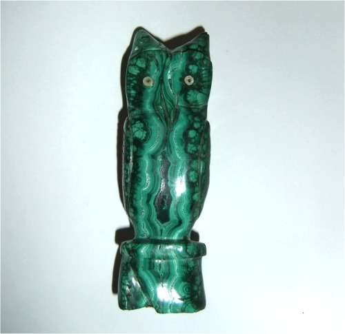 Unique 9cm Tall Hand Made Ornamental Malachite Owl Statue Figurine
