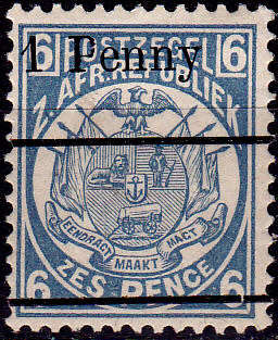 ZAR 1893, 1 Penny Surcharge in black, variety overprint shifted up, mint, CV R ???.00 view scans