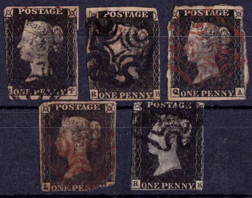 GREAT BRITAIN, 1840-1841, 5 x Black One Pennies, used, CV +/-R ??.00 view scans