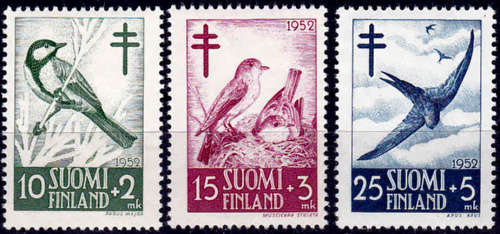FINLAND 1952, 4 Dec. Birds - Prevention of Tuberculosis, set, MH, CV +/-R 120.00 view scans