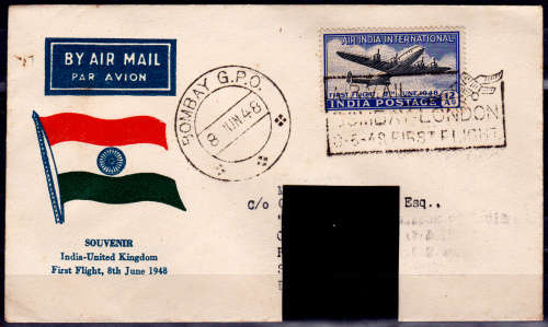 INDIA 1948, 8 June. Souvenir Cover India-UK 1st Flight, CV+/- R ?? view scans