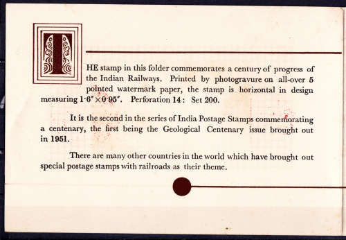 INDIA 1953, 16 April. 100th Anniv Indian Railways, Commemoration CV+/- R ?? view scans