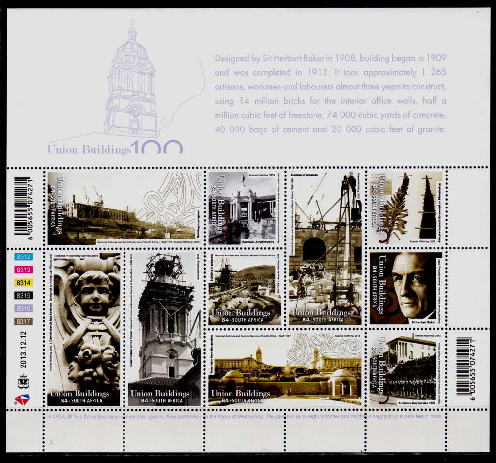 RSA 2013, 25 Dec. 100th ANNIV OF THE UNION BUILDINGS, sheetlet, MNH, CV R 900.00 view scans