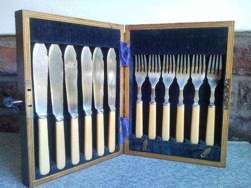 A Bone Handle And Sliver Plated Cutlery "Set" in Box With Lock and Key in Working Order