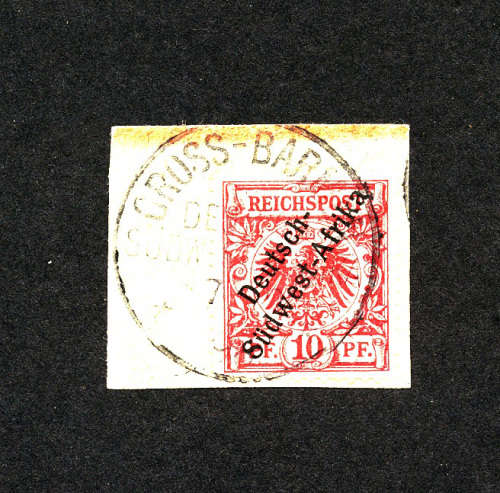 SWA 1897 10Pfg used on piece with rare Gross Barmen cancellation