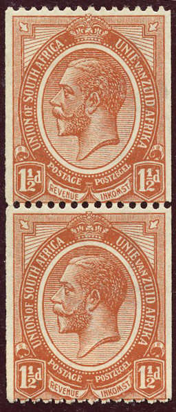South Africa. 1913. 1½d Coil vert. pair joined. m/m