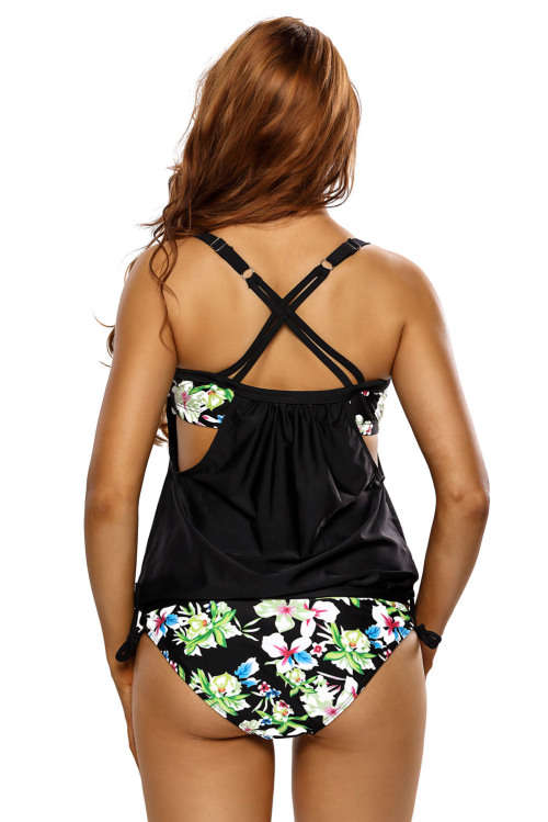 Black Layered-Style Floral Tankini with Triangular Briefs. SIZE S-XXXL!