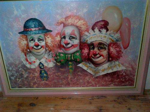 Large original Clown oil painting by Moninet, "Lister". Professional frame.
