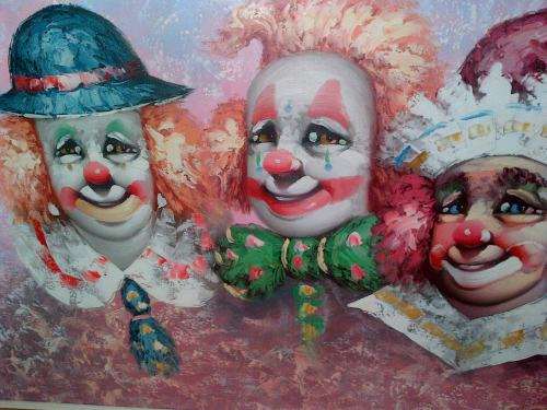 Large original Clown oil painting by Moninet, "Lister". Professional frame.