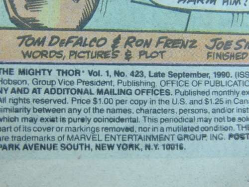Vintage collectable comic book; The Mighty Thor, Vol. 1, No. 423 - September 1990