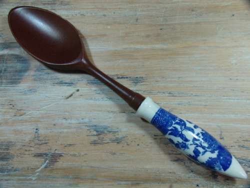 Vintage delft style blue and white Ceramic Handle Wooden Spoon