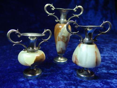 A lot of 3 Vintage Italian Alabaster and plated brass Bud Vases  - 13cm, 10cm and 8cm - low shipping