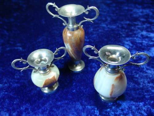 A lot of 3 Vintage Italian Alabaster and plated brass Bud Vases  - 13cm, 10cm and 8cm - low shipping