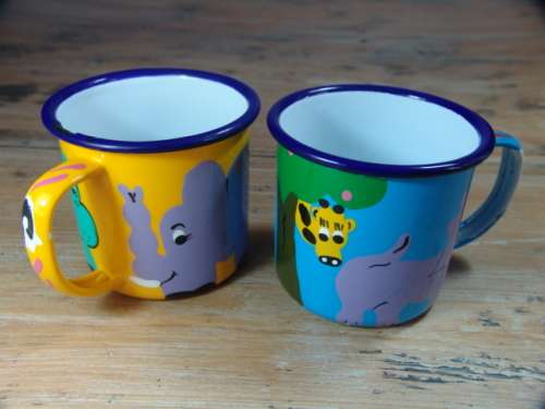 2 x Vintage steel Enamel Kiddies cups with animal print