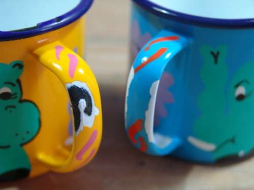 2 x Vintage steel Enamel Kiddies cups with animal print