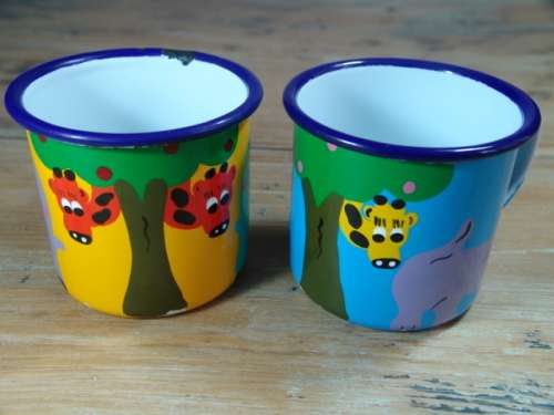 2 x Vintage steel Enamel Kiddies cups with animal print