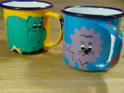 2 x Vintage steel Enamel Kiddies cups with animal print