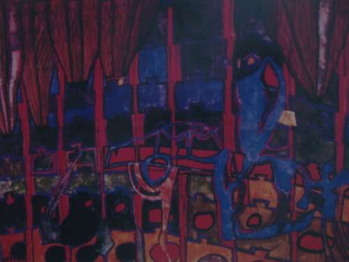 Vintage large Abstract print in Glass and Framed - 1960's