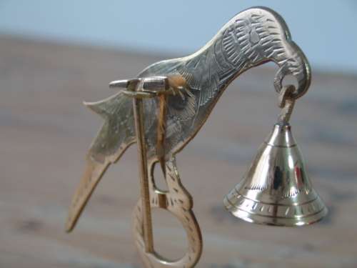 Vintage solid brass Bell on stand with hammer - Shaped like a Bird