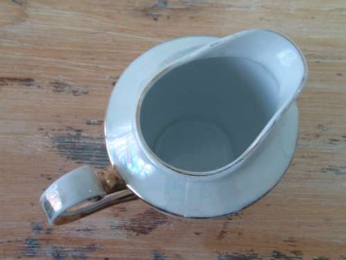 Vintage Lustreware Milk / Cream Jug, white, blue and gold trim - "Another crazy R1 start"