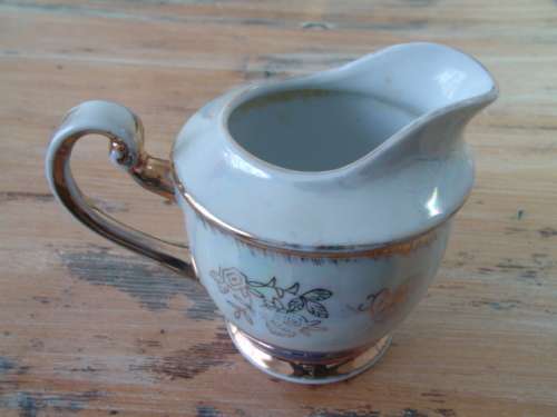 Vintage Lustreware Milk / Cream Jug, white, blue and gold trim - "Another crazy R1 start"