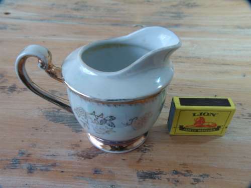 Vintage Lustreware Milk / Cream Jug, white, blue and gold trim - "Another crazy R1 start"